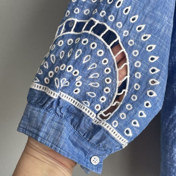 Talbots Tunic Embroidered Blouse Women's 2Xp Blue Cut Outs Tassels Boho India - Picture 8 of 15